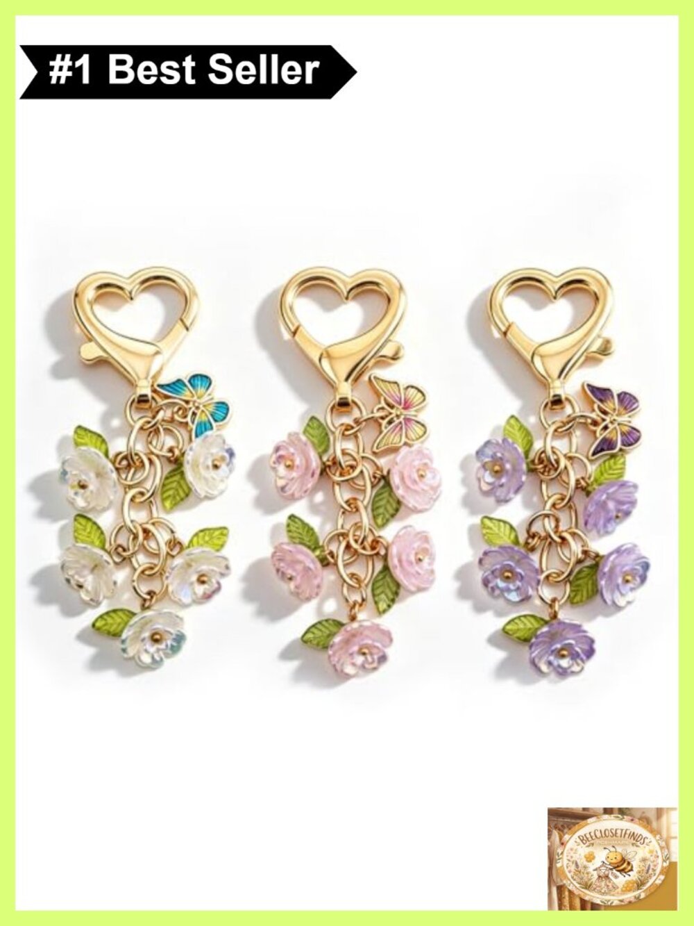 Mini Flower Keychain Purse Charm Set 3pc Butterfly Bag Charms Stainless Steel